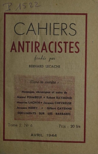 Cahiers Anti-Racistes Vol.2 N°6 (Avril 1944)